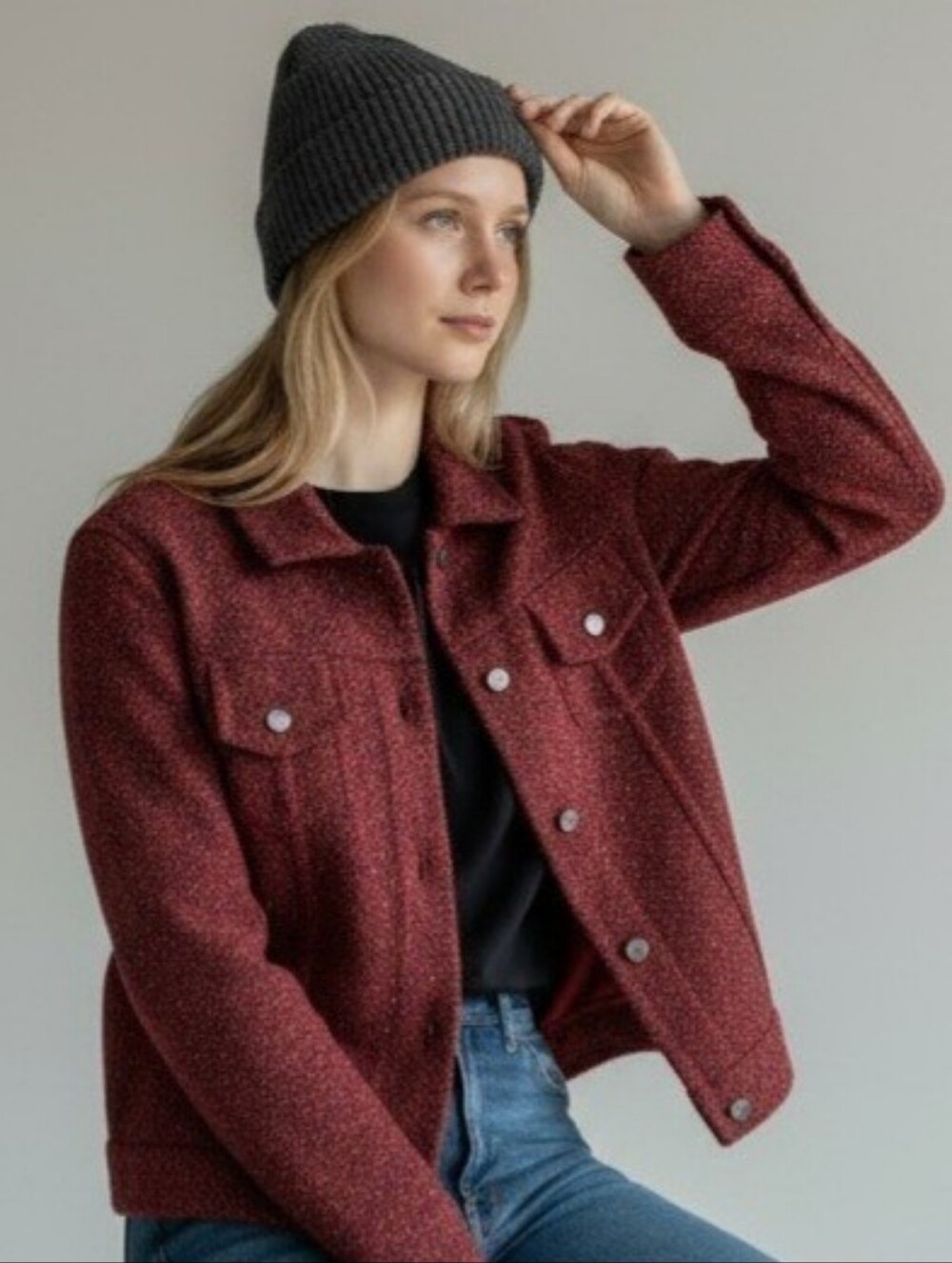 J. Jill Vintage Retro Berry Red Black Tweed Wool Blend Jacket Size Large
